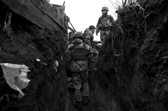 Ukraine’s 30th Brigade in the trench at an observation post on the battleground in Donbas.
