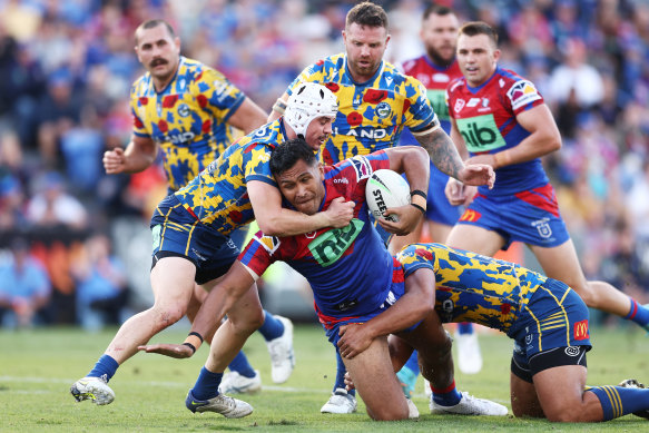 Daniel Saifiti was unable to find a way through during Newcastle’s heavy loss to Parramatta.