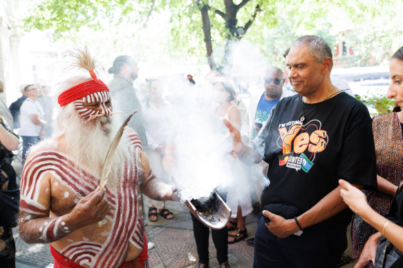 Uncle Moogy conducts a smoking ceremony to launch the Yes campaign for a Voice to parliament, 