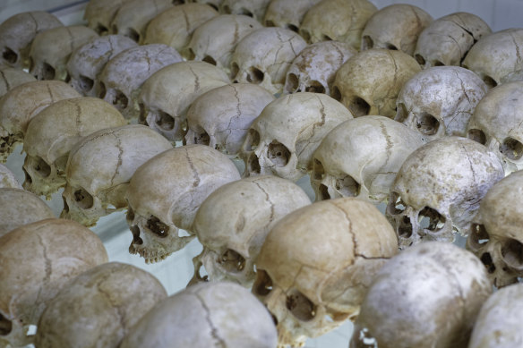 The skulls of genocide victims form a memorial in a church vault in Nyamata. Rwanda will this year be under lockdown for the anniversary of the genocide.