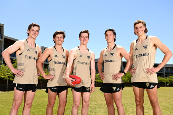 The Hawks’ new draftees: Ned Long, Sam Butler, Josh Ward, Connor MacDonald and Jai Serong.