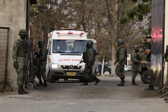An ambulance leaves the Litoral Penitentiary after a prison riot.