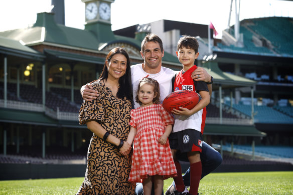 Retiring Swans great Josh Kennedy at the SCG on Tuesday with wife Ana, daughter Isabella and son Emilio. 