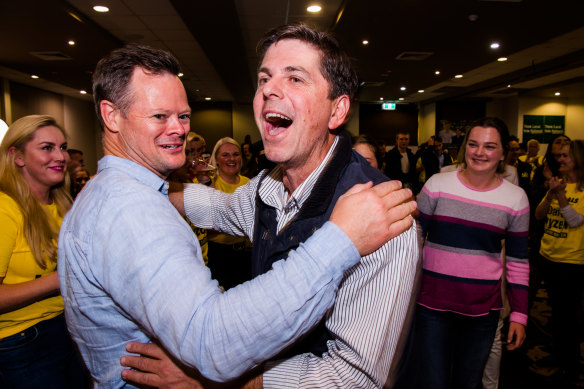 David Layzell celebrates after claiming the Upper Hunter seat for the Nationals on Saturday night.