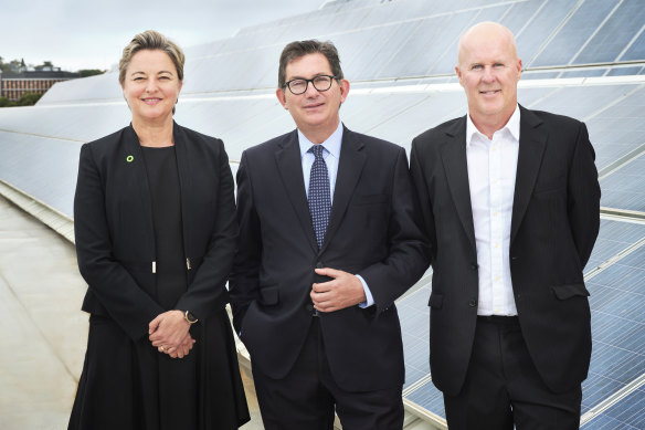 Ian Jacobs, UNSW's vice-chancellor (centre), with Energy Institute CEO Justine Jarvinen and Professor Matthew England, deputy director of the Climate Change Research Centre.
