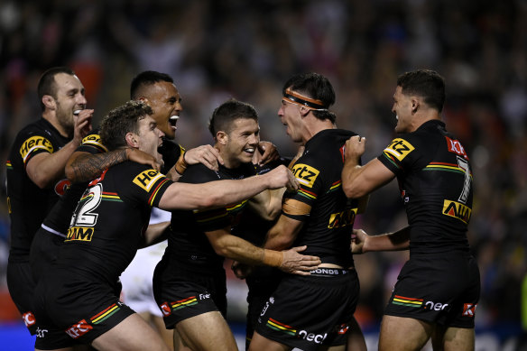 Luke Sommerton celebrates after scoring a try in just his second NRL game.