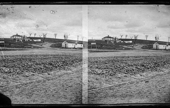 Stereoscope photograph of Batman Hill taken from the corner of Spencer and Flinders streets, showing John Batman's house on the far left.