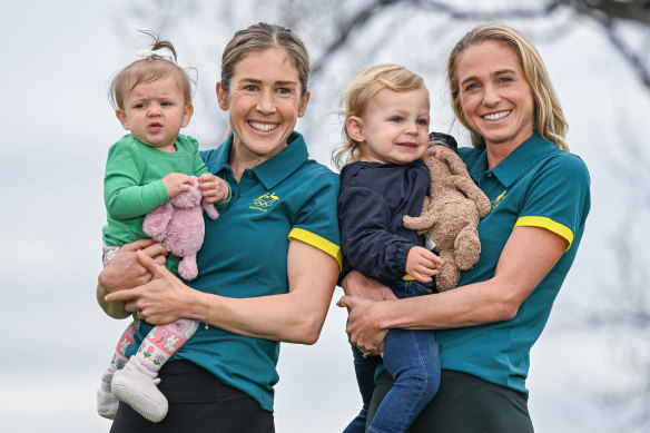 Jess Stenson (left), with Ellie, eight months, and Gen Gregson with Archer, one.