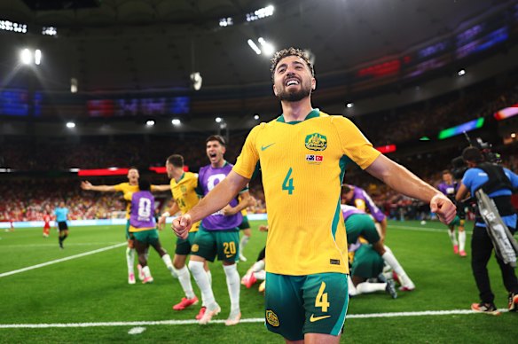 Connor Metcalfe celebrates his goal against Turkey.