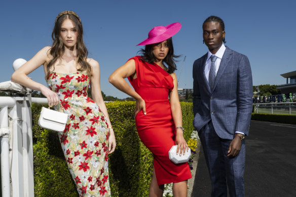 Still in fashion at The Everest. Models Sophie Anderson, Natalia Loaiza Pineda and Victor Anugoh at Royal Randwick Racecourse.