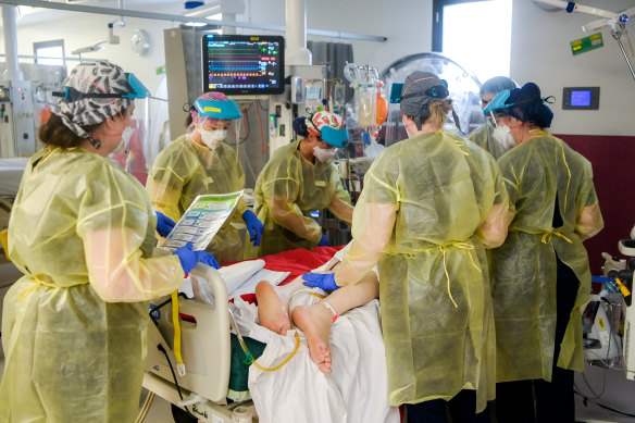 A COVID-19 patient in the ICU ward of Sunshine Hospital last year.