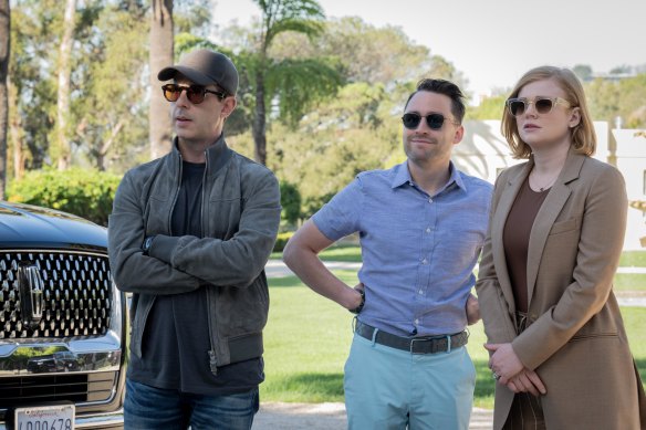 Kendall Roy (Jeremy Strong), Roman Roy (Kieran Culkin) and Shiv Roy (Sarah Snook) in Succession.
