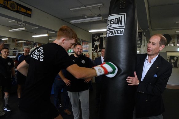 Duke of Edinburgh Prince Edward with boxer Marlon Sevehon at the PCYC in Woolloomooloo.