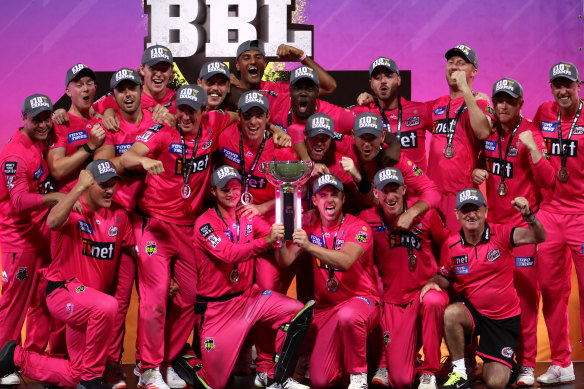The Sixers celebrate after beating Perth in Saturday’s Big Bash League final at the Sydney Cricket Ground.