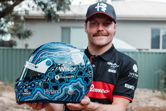 Valtteri Bottas with his bespoke Indigenous design helmet.
