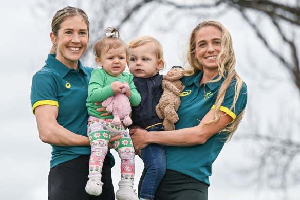 Australia’s marathon mums Jessica Stenson - with eight-month-old daughter Ellie - and Genevieve Gregson - holding one-year-old son Archer - will be joined on the Australian team by Sinead Diver, also a mum. 