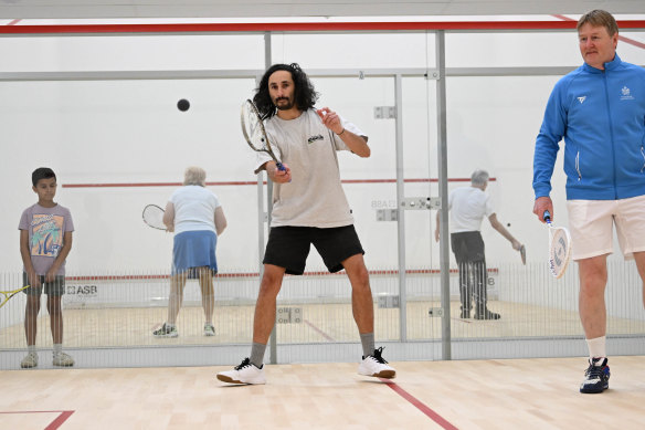 Matthew Lawlor (left) and James Poynton play squash at the Victorian Racket Club, Carrington Park.