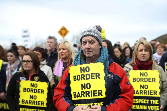 Protesters staged a rally in Carrickarnon in March to oppose checks at the border, which has been open since the Good Friday Agreement was signed in 1998.