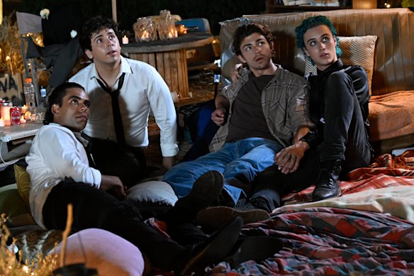 Zach Blampied as Hammer, Aydan Calafiore as Zeke Calogero, with Joe Klocek as Matt Jones and Joseph Zada as Charlie Roth in Invisible Boys.