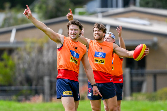 Tom Sparrow and Jack Viney at work during the club’s pre-season camp in Lorne this week.