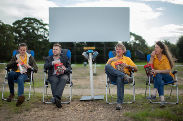 Dromana Drive-In is hoping to host a grand final event for 450 cars. From left Josh Whitaker, Chris Brayne, Paul Whitaker and Shelley Whitaker.