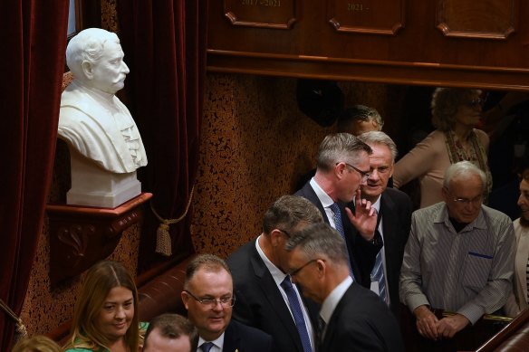 Former premier Dominic Perrottet and Mark Latham during a ceremony at the opening of the new parliament.