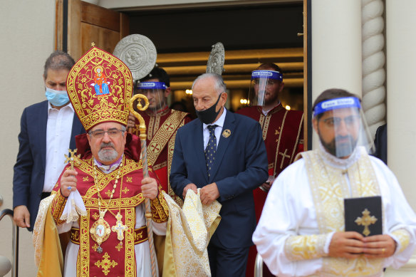 His Eminence Archbishop Haigazoun Najarian leads clergy members during the Armenian Christmas celebration Feast of the Nativity and Epiphany of our Lord Jesus Christ at the Armenian Apostolic Church of Holy Resurrection in Chatswood. 