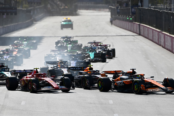 Piastri (far right) trailed only race leader Charles Leclerc into turn one, with the Red Bull of Sergio Perez and Ferrari’s Carlos Sainz hot on his tail.