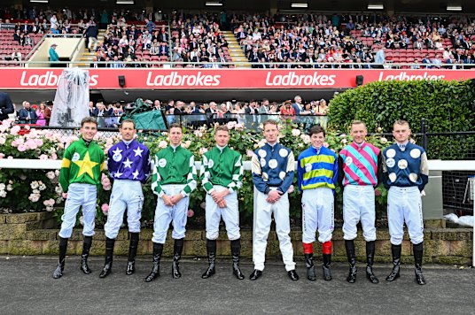 Ethan Brown, far right, before riding Light Infantry Man in this year’s Cox Plate.