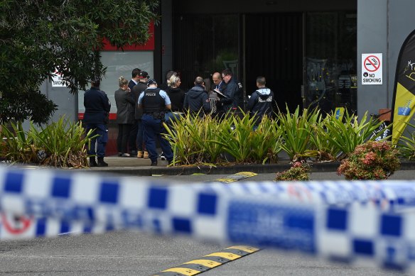 Police outside Auburn’s BodyFit gym on Wednesday.