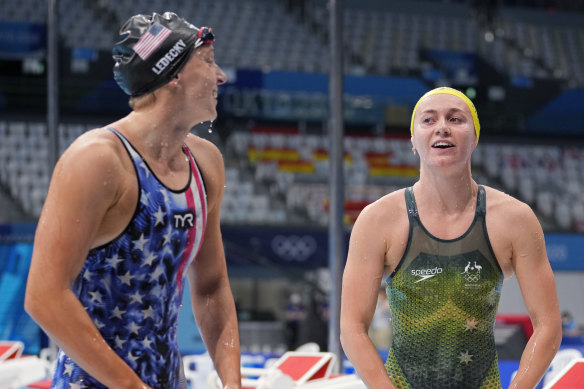 American Katie Ledecky and Aussie Ariarne Titmus at the 400m freestyle final on Monday.