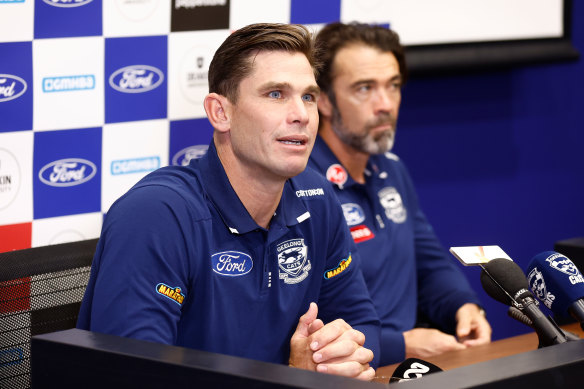 Geelong full forward Tom Hawkins with coach Chris Scott.