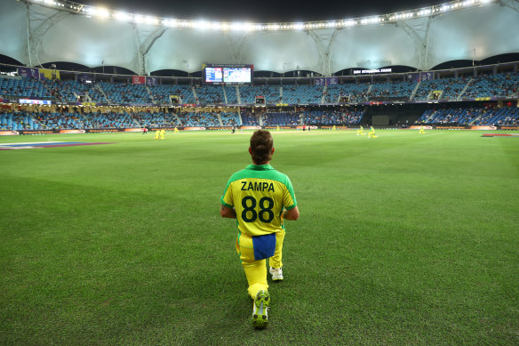 Adam Zampa takes a knee during the 2021 T20 World Cup.