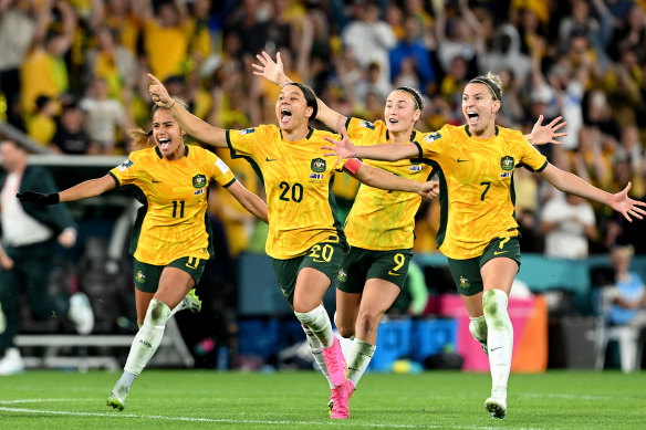 Sam Kerr leads Mary Fowler, Caitlin Foord and Steph Catley to celebrate the Matildas’ victory after a record-breaking penalty shootout.