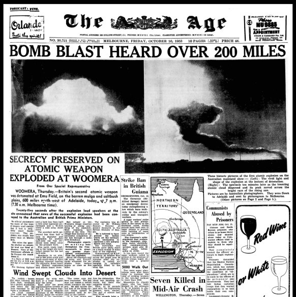 Front page coverage of the first Emu Field test in 1953.
