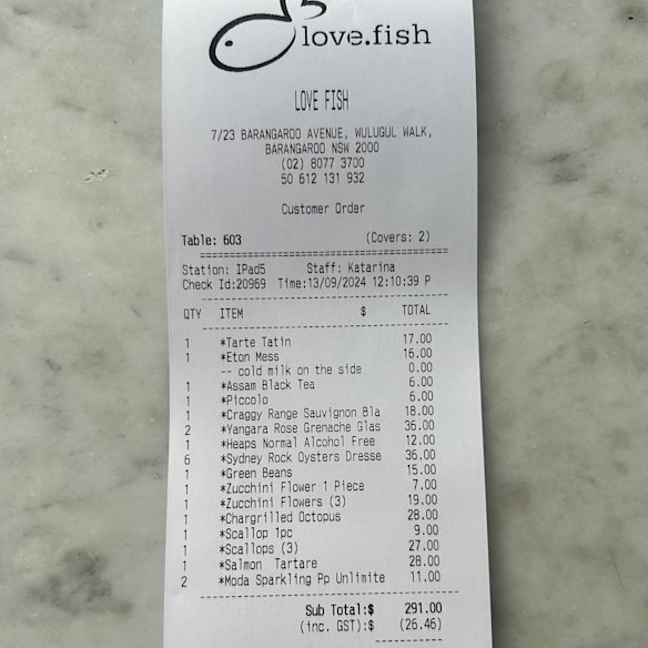 The receipt for lunch at love.fish.
