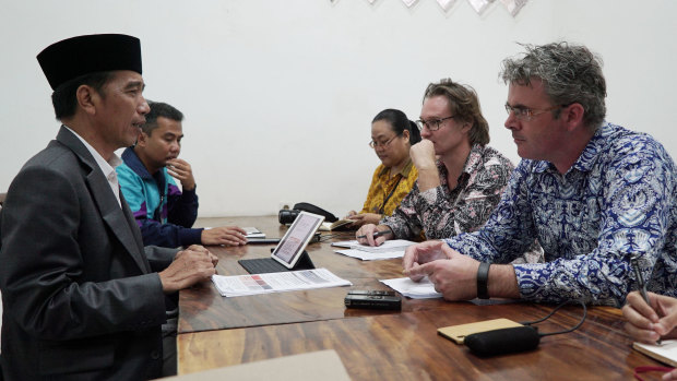Fairfax reporters James Massola and Amilia Rosa interview President Jokowi with the <i>Australian Financial Review</i>'s Angus Grigg.