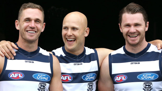 Gary Ablett with Joel Selwood and Patrick Dangerfield.