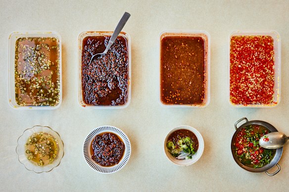 Thai dipping sauces (from left) nam pla prik (fish sauce and chilli dipping sauce), nam prik pao (roasted chilli jam), nam jim jaew (roasted ground rice chilli sauce) and nam jim talae (seafood dipping sauce).