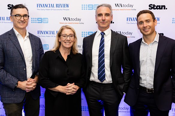 Housing and Works, Planning and Lands, and Health Infrastructure Minister John Carey, Deputy Premier Rita Saffioti, 9News Perth news director Michael Genovese and AFR state political correspondent Tom Rabe. 