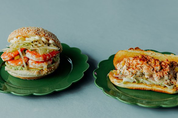 Afishonado’s lobster roll on the right, and the prawn roll on the left. 