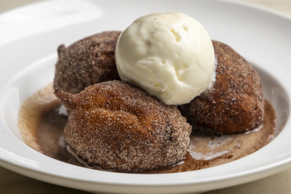 Ricotta doughnuts with chocolate anglaise: puffy, warm and satisfying.