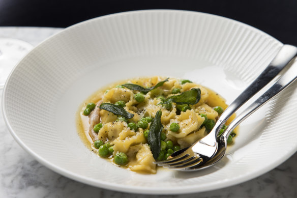Go-to dish: Mortadella and ricotta agnolotti with peas and brown butter.