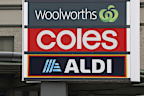 Generic photo of signage of supermarkets Woolworths, Coles and Aldi, seen in Ashfield, NSW, on Tuesday 8 April 2025. Photo: Alex Ellinghausen
