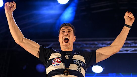 Jeremy Cameron celebrated his first premiership throughout the night