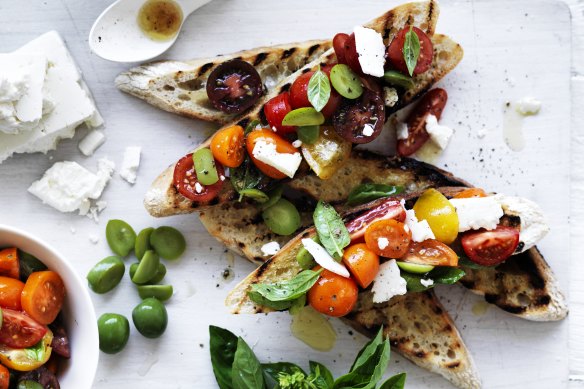 Neil Perry’s bruschetta with cherry tomatoes, basil, olives and feta.
