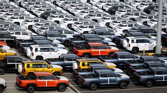 BYD electric vehicles unloaded at Port Melbourne.