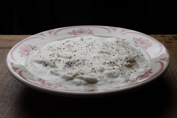 Lemon chicken soup (avgolemono), one of three traditional Greek soups on the supper menu.