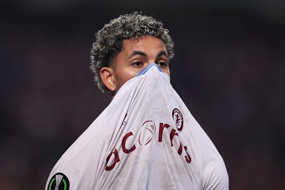 Douglas Luiz of Aston Villa reacts after a missed chance during the UEFA Europa Conference League 2023/24 Quarter-final second leg match between Lille OSC and Aston Villa at Stade Pierre-Mauroy in Lille, France.