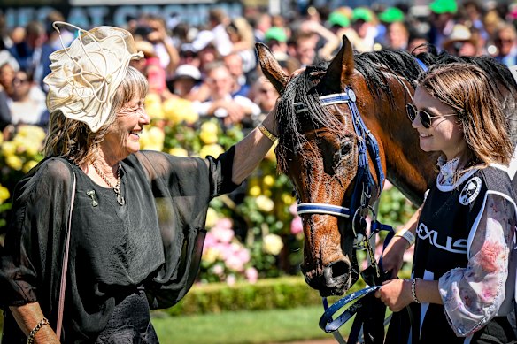 Trainer Sheila Laxon pats Knight’s Choice after the big win.